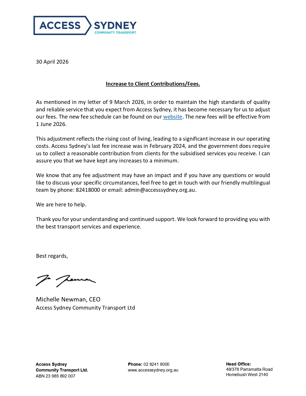 Increase to Client Contributions Letter